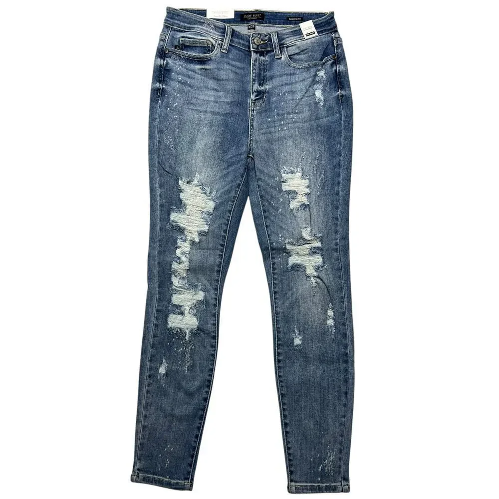 Judy Blue Hi-Rise Medium Wash Skinny Bleach Splash Destroyed Jeans (NWT)‎ - 9/29 - Picture 2 of 9